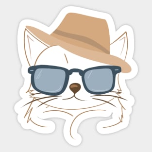 Chic Cat in Brown Hat and Blue Shades - Minimalistic Cat Art Sticker